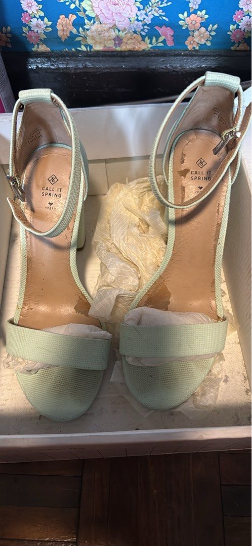 Call It Spring Mint Green Block Heels Sandals (Category: Heels) located in Quezon City. Submitted by angelshopssells (Listing ID 1470774339, Image 1). Description: - Brand: Call It Spring - Color: Mint green - Style: Block heels with open toe and ankle strap buckle closure - Size: US 7 / EUR 37.5 / UK 5 - Material: Vegan - Packaging: Includes original shoe box - Condition: Heavy peeling/flaking on inner lining and footbed; soles show dirt and wea