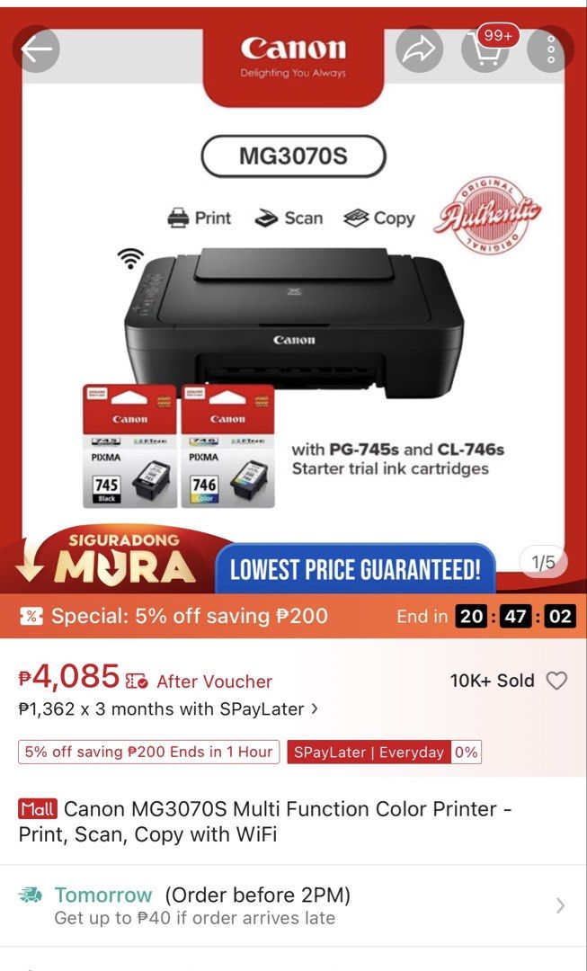 Canon MG3070S Multi Function Color Printer - Print, Scan, Copy with WiFi (Category: Printers, Scanners & Copiers) located in Manila. Submitted by eddingshara (Listing ID 1470917926, Image 1). Description: - Model: Canon MG3070S Wireless All-in-One Printer - Functions: Print, Scan, and Copy - Connectivity: Wireless printing for easy access - Comes with Box - Authenticity: 100% genuine product straight from the flagship store - Ideal For: Home offi