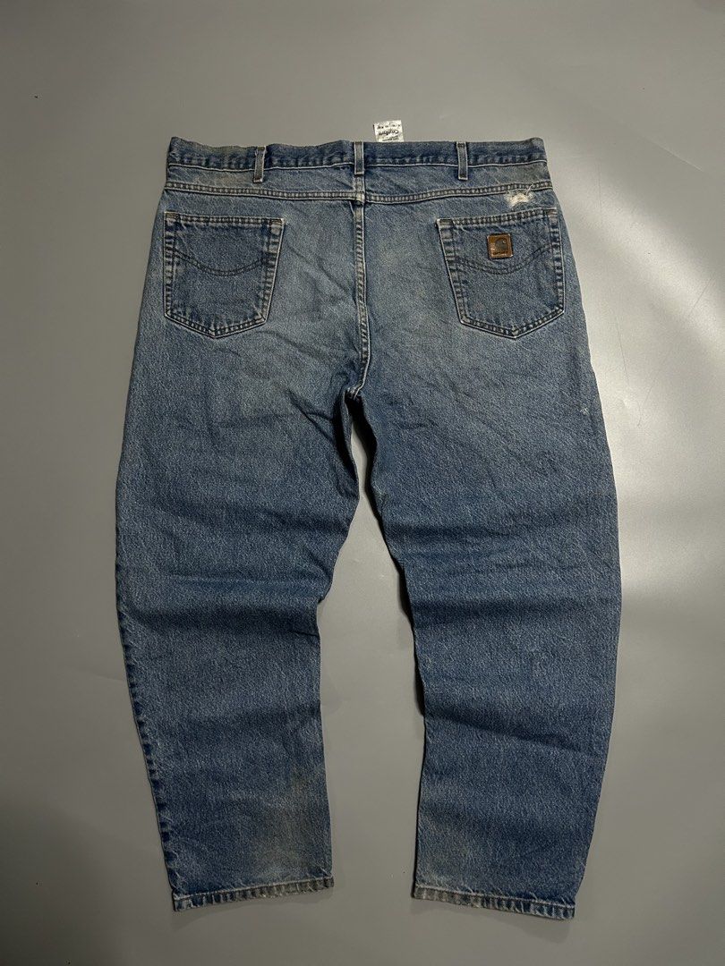Carhartt B17 DST Denim pants (authentic) (Category: Jeans) located in Trece Martires City. Submitted by flip_flips (Listing ID 1470895058, Image 1). Description: Carhartt B17 DST Denim pants (authentic) -Dimes: 42 waist 42 length 15 tigh 9 leg open -Good condition -9.5/10 color rate -issue: right back pocket has distress hole repairable, front dirt stains washable..