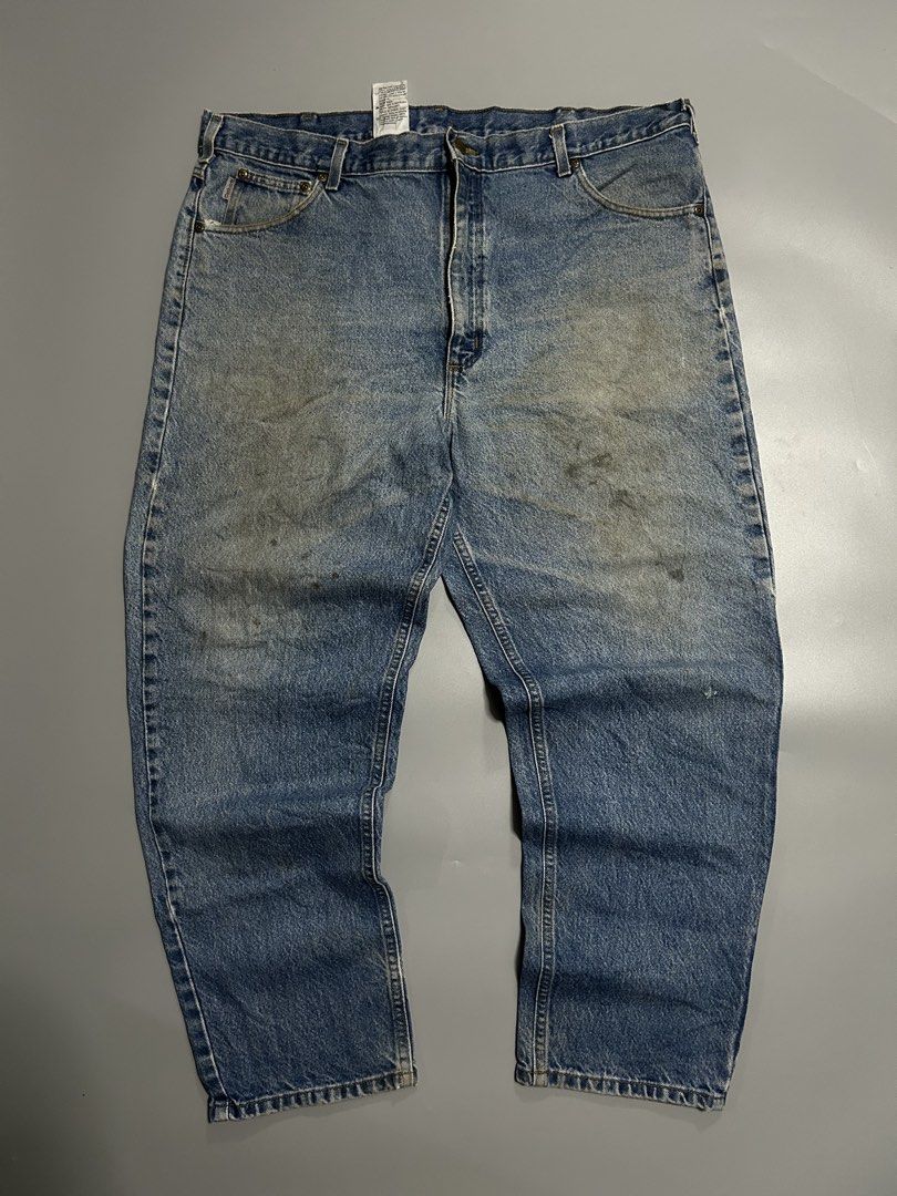 Carhartt B17 DST Denim pants (authentic) (Category: Jeans) located in Trece Martires City. Submitted by flip_flips (Listing ID 1470895058, Image 2). Description: Carhartt B17 DST Denim pants (authentic) -Dimes: 42 waist 42 length 15 tigh 9 leg open -Good condition -9.5/10 color rate -issue: right back pocket has distress hole repairable, front dirt stains washable..