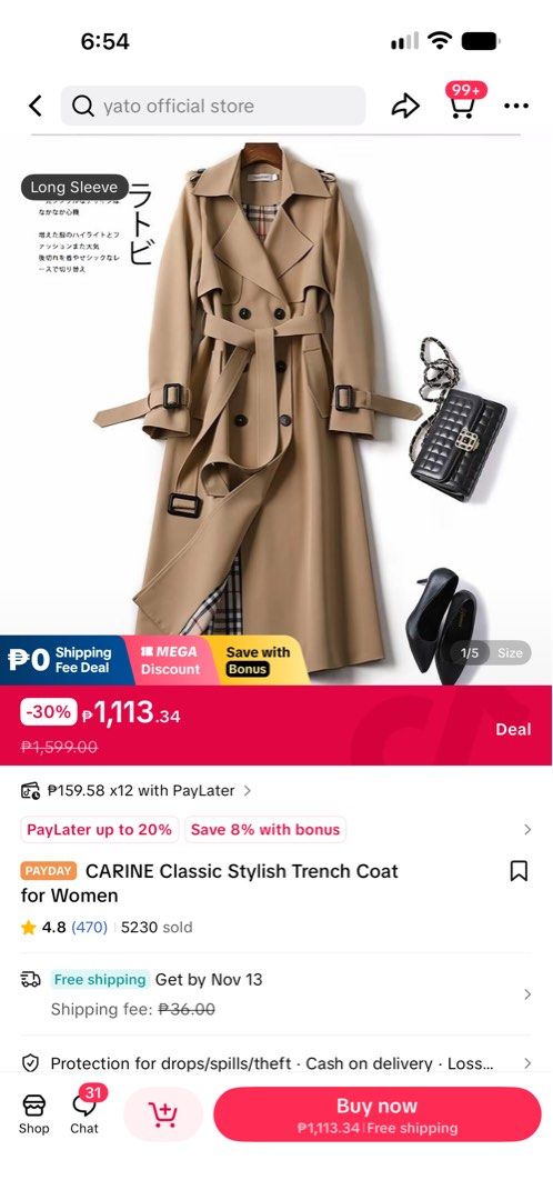 Carine Classic Double-Breasted Trench Coat (Category: Coats, Jackets and Outerwear) located in Pasig City. Submitted by vdejesus (Listing ID 1470844425, Image 3). Description: 🧥 Classic Double-Breasted Long Trench Coat in Khaki Camel (Plaid Lining) Used once during travel. Tag / Brand: WEIYIQINGXIN (Carine on Tiktok) Color: Classic Khaki / Warm Camel Tan Size: Large (L) (Fits Medium to Large comfortably for easy layering over sweaters).