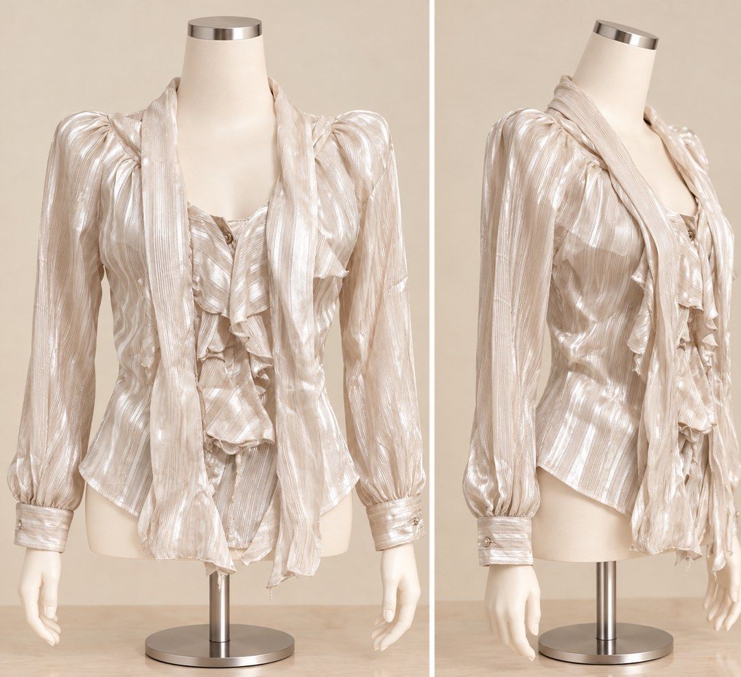 CECIL McBEE Metallic Stripe Ruffle Blouse Size 38 (Category: Blouses) located in Santa Cruz. Submitted by zellethrifts (Listing ID 1470929816, Image 2). Description: • Bought in Japan 🇯🇵 • Used/ Like nee • Fits medium to large • In excellent condition • Photos taken using mannequin only 🚚 Shipping via J&T only 📦 Shipping fee to be shouldered by buyer 💳 Mode of payment: GCash 📍 Santa Cruz, Laguna.