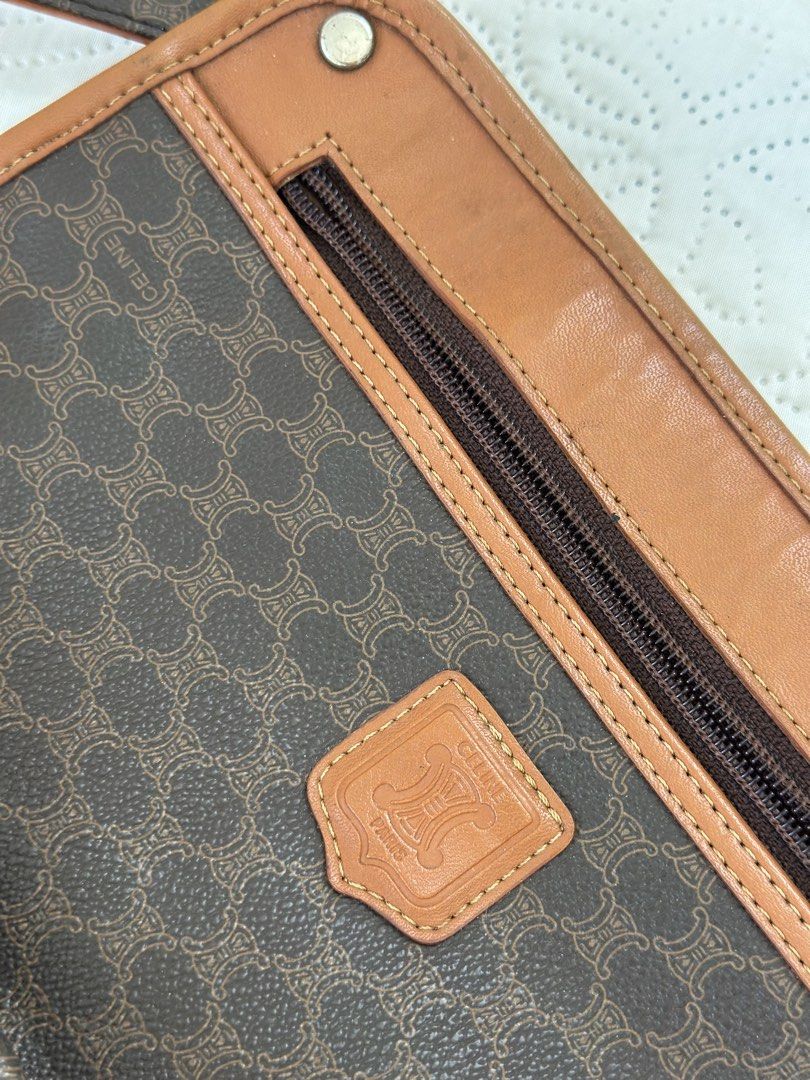 Celine Macadam Brown Monogram Shoulder Bag (Category: Luxury Bags & Wallets) located in Batangas. Submitted by enyahsnivl56498 (Listing ID 1470773891, Image 3). Description: Vintage Celine shoulder bag in classic brown Macadam monogram coated canvas with tan leather trim. Gold-tone hardware with Celine branding on the front patch, zippers, and snap button. Tan leather interior lining featuring a zippered pocket. External zipper pocket on the fron