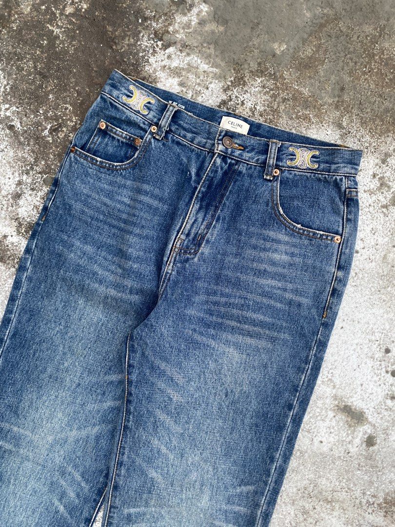 Celine Wash Denim Unisex Pants (Category: Jeans) located in Antipolo. Submitted by treasurethings02 (Listing ID 1470920510, Image 2). Description: Excellent Condition 9.5/10 CR clean Size Dimensions W32 L39 Large on tags Embroidery logo in Waist Check Photo Details🫶🏻.