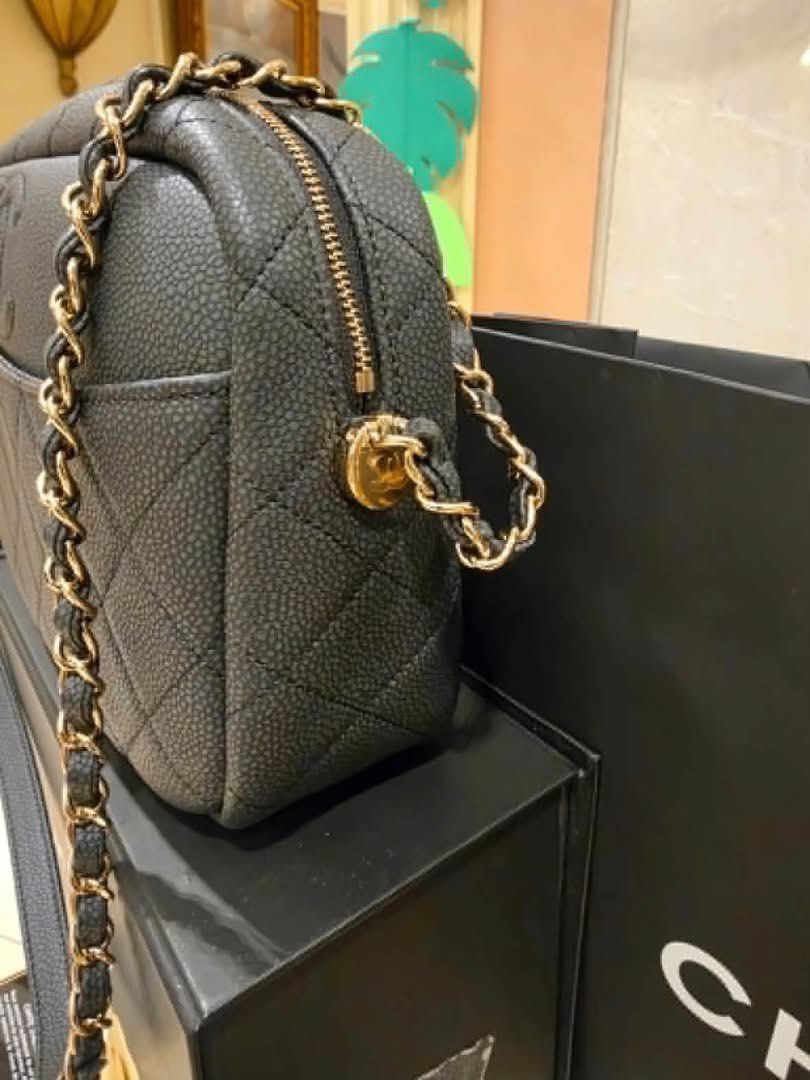 Chanel Black Caviar Leather Camera Bag with Tassel (Category: Luxury Bags & Wallets) located in Caloocan City. Submitted by mms.10 (Listing ID 1470857253, Image 3). Description: - Authentic Chanel camera bag in classic black caviar leather - Features signature quilted pattern and stitched interlocking CC logo - Elegant gold-tone hardware with leather-woven chain strap - Includes matching leather tassel charm with gold CC accent - Comes complete w