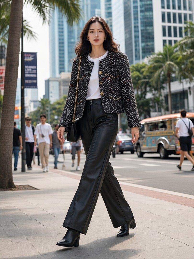 CHANEL Cropped Tweed Jacket (Category: Coats, Jackets and Outerwear) located in Paranaque City. Submitted by preluxeshop_ph (Listing ID 1470802619, Image 1). Description: Brand: CHANEL -Style: Cropped Tweed Jacket / Collarless Boxy Jacket -Color/Pattern: Black and white multi-tone chevron tweed weave with subtle accent threads -Design Features: Collarless neckline, gold-tone CC logo buttons down the front, chain-trimmed front accent pockets, and 