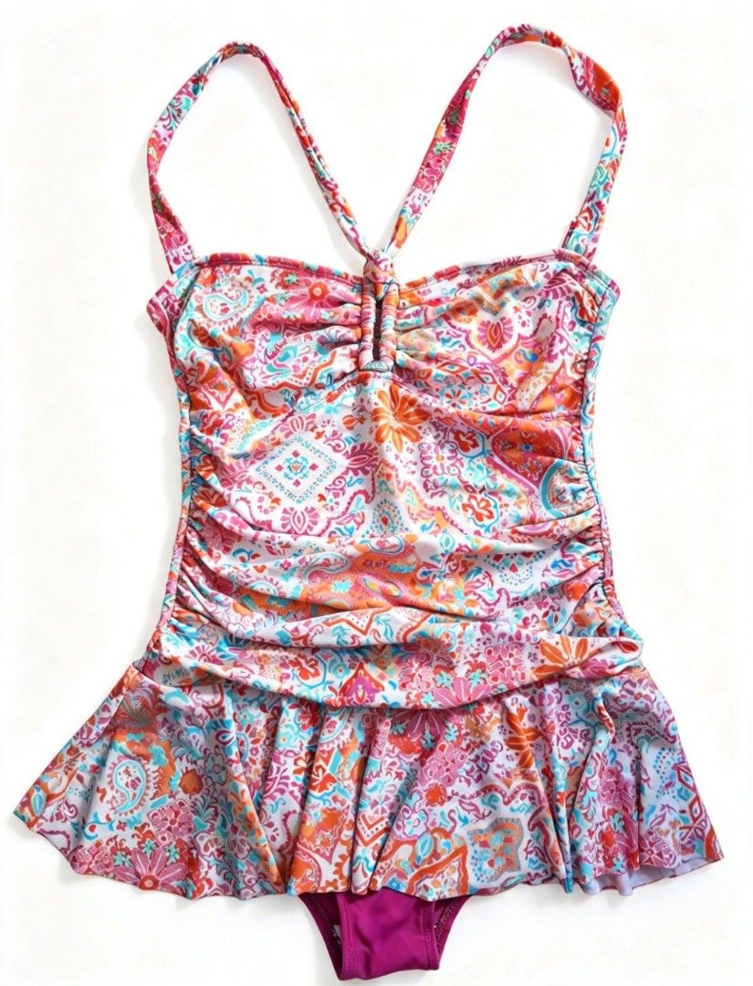 Chaps Skirted One-Piece Swimsuit Size US 10 (Category: Bikinis & Swimsuits) located in Quezon City. Submitted by ana-chan (Listing ID 1470784160, Image 1). Description: - Brand: Chaps - Style: One-piece swimsuit with skirted bottom - Print/Color: Vibrant colorful paisley - Size: US 10 / UK 14 / EU 42 (MEDIUM-LARGE - Features: Supportive front ruching, adjustable halter ties, and built-in shelf bra - Origin: Made in Indonesia - Condition: Great br