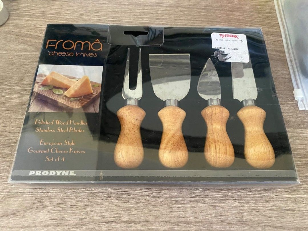 Cheese Knives Set of 4 (Category: Knives & Chopping Boards) located in Makati City. Submitted by larasdowry (Listing ID 1470806469, Image 1). Description: - Brand new and unopened in original packaging - Prodyne Froma 4-piece cheese knife set - Includes 3 differently shaped knives and 1 cheese fork - Ideal for hard, semi-soft, and crumbly cheeses - Elegant polished wood handles with durable stainless steel blades - Perfect for charcuterie nights,