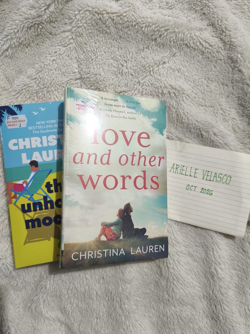 Christina Lauren Books (Category: Storybooks) located in Abucay. Submitted by booksbyjie (Listing ID 1470813633, Image 2). Description: - Author: Christina Lauren - Titles: The Unhoneymooners & Love and Other Words - Condition: Brand new, plastic wrap fully intact - Price: 350 PHP each - Perfect for gifts or your personal TBR pile! RFS: In need of Funds Books are brand new. For Buyers around Angeles City, I can do meet up 😁.