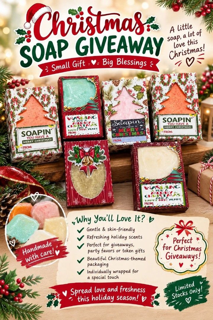 Christmas Soap Giveaway Gift Box Set (Category: Bath) located in San Mateo. Submitted by sweetilicioustreats (Listing ID 1470749678, Image 1). Description: Soapin’ you have a very Merry Christmas! 🧼🎄✨ Looking for the perfect little holiday treat? Our festive, handmade Christmas soaps are here to add a splash of holiday cheer to your season..