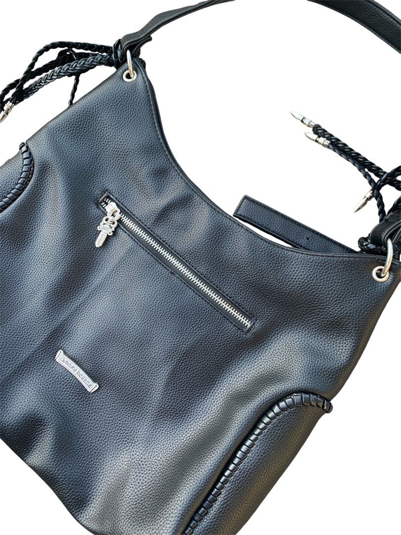 Chrome hearts fleur shoulder bag (Category: Shoulder Bags) located in Lipa City. Submitted by inglowetrust (Listing ID 1470757202, Image 3). Description: Chrome hearts fleur hobo bag Length:12 Width:14 Type: Hobo / Shoulder Bag Material: PU Leather Detail: Fleur emboss + studs Strap: Adjustable with braided accents Condition:10/10 1399+SF Dm for more details 📥.