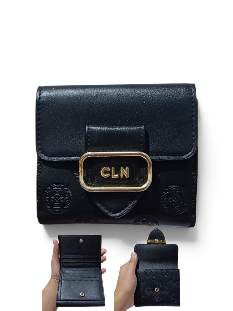 CLN Black Bi-Fold Wallet with Gold Hardware (Category: Wallets & Card holders) located in Abucay. Submitted by lovedby.herrr (Listing ID 1470876931, Image 1). Description: CLN black bi-fold wallet featuring a gold metal 'CLN' clasp and a debossed monogram pattern. Includes card slots, cash compartments, and a coin pocket. Compact and easy to fit in small bags. Shows minor scuffs on the hardware, but the interior is clean and well-maintained..