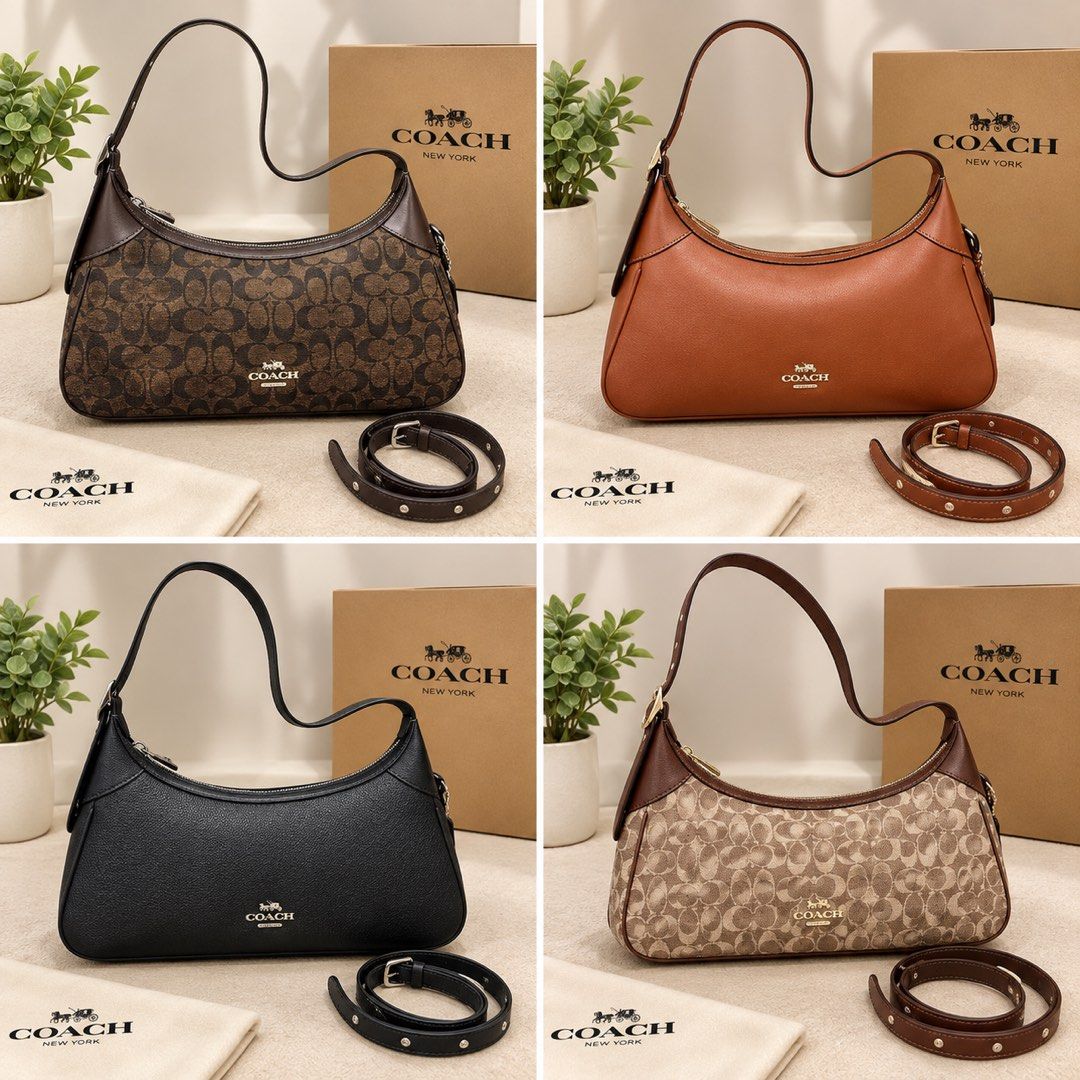 Coach Shoulder Bag with Extra Strap and Dust Bag (Category: Luxury Bags & Wallets) located in Batangas. Submitted by shairapretty (Listing ID 1470886707, Image 1). Description: PRE-ORDER C0ACH •₱1,849 - Brand new C0ach shoulder bag set - Available in 4 stunning color and pattern choices - Includes a matching adjustable strap for versatile styling - Features elegant gold-tone hardware and signature front logo lettering - Structured shape with a se