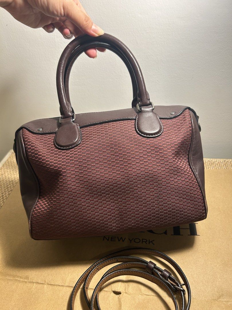 Coach Legacy Jacquard Mini Bennett Satchel (Category: Luxury Bags & Wallets) located in Legazpi City. Submitted by jjacob_018 (Listing ID 1470872996, Image 3). Description: Coach Legacy Jacquard Mini Bennett Satchel (often referred to in Bordeaux or Oxblood canvas and smooth leather). Key Details • Model: Mini Bennett Satchel • Material: Combination of canvas/jacquard fabric with smooth leather trim • Colorway: Bordeaux / Oxblood / Dark Brown • F
