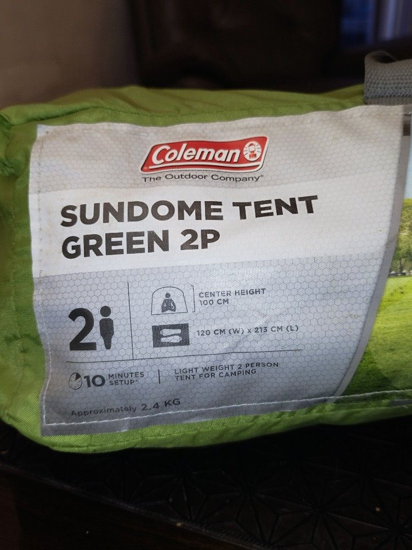 Coleman Sundome Tent Green 2P (Category: Hiking & Camping) located in Cebu City. Submitted by jplc24 (Listing ID 1470823690, Image 2). Description: -DON'T MESSAGE ME IF YOU ARE GOING TO LOWBALL. - Brand: Coleman Sundome Tent (Green) - Capacity: 2-person - Weight & Setup: Lightweight at 2.4 kg, easy 10-minute pitch - Weather Protection: WeatherTec system with 1,000mm water head rating - Features: Ring and pin connections, C clips, large side mesh 