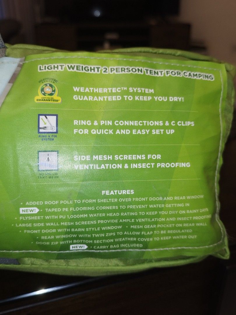Coleman Sundome Tent Green 2P (Category: Hiking & Camping) located in Cebu City. Submitted by jplc24 (Listing ID 1470823690, Image 3). Description: -DON'T MESSAGE ME IF YOU ARE GOING TO LOWBALL. - Brand: Coleman Sundome Tent (Green) - Capacity: 2-person - Weight & Setup: Lightweight at 2.4 kg, easy 10-minute pitch - Weather Protection: WeatherTec system with 1,000mm water head rating - Features: Ring and pin connections, C clips, large side mesh 