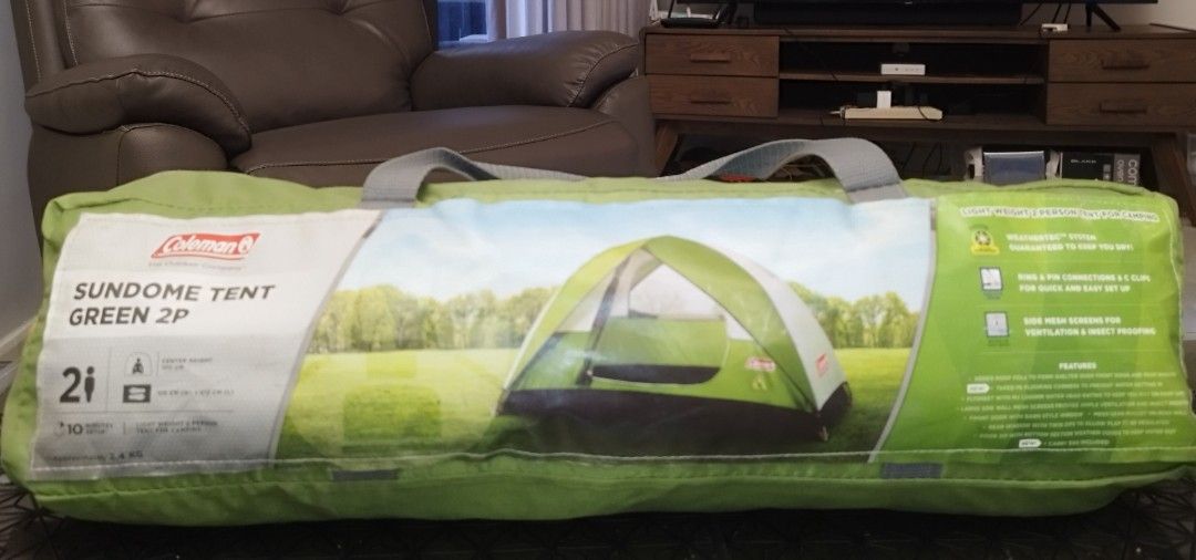Coleman Sundome Tent Green 2P (Category: Hiking & Camping) located in Cebu City. Submitted by jplc24 (Listing ID 1470823690, Image 1). Description: -DON'T MESSAGE ME IF YOU ARE GOING TO LOWBALL. - Brand: Coleman Sundome Tent (Green) - Capacity: 2-person - Weight & Setup: Lightweight at 2.4 kg, easy 10-minute pitch - Weather Protection: WeatherTec system with 1,000mm water head rating - Features: Ring and pin connections, C clips, large side mesh 