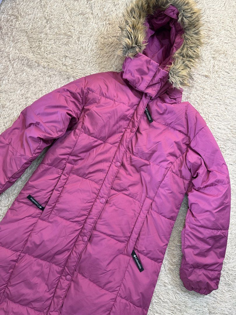 Columbia Down Feather Insulation Long Parka (Category: Coats, Jackets and Outerwear) located in Quezon City. Submitted by dropdeadprices (Listing ID 1470783822, Image 3). Description: - Brand: Columbia - Item: Down Feather Long Parka - Color: Pink - Size: Medium (EU 38 / UK 10 / US 6) - Features: Detachable/attached hood with faux fur trim, secure front pockets, snap-button closure, and Columbia branding - Condition: Excellent (Layered condition 