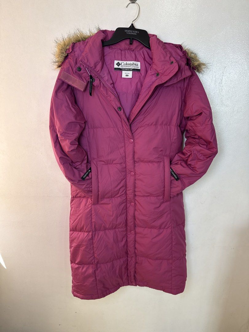 Columbia Down Feather Insulation Long Parka (Category: Coats, Jackets and Outerwear) located in Quezon City. Submitted by dropdeadprices (Listing ID 1470783822, Image 1). Description: - Brand: Columbia - Item: Down Feather Long Parka - Color: Pink - Size: Medium (EU 38 / UK 10 / US 6) - Features: Detachable/attached hood with faux fur trim, secure front pockets, snap-button closure, and Columbia branding - Condition: Excellent (Layered condition 
