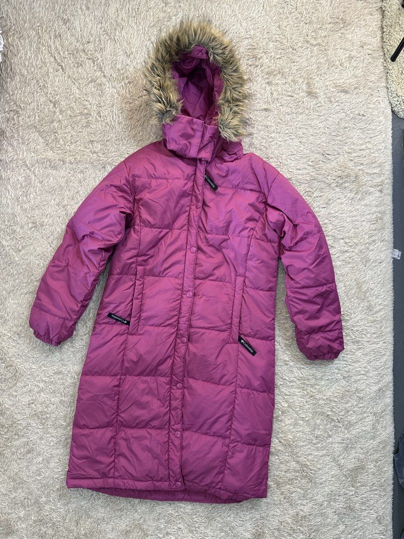 Columbia Down Feather Insulation Long Parka (Category: Coats, Jackets and Outerwear) located in Quezon City. Submitted by dropdeadprices (Listing ID 1470783822, Image 2). Description: - Brand: Columbia - Item: Down Feather Long Parka - Color: Pink - Size: Medium (EU 38 / UK 10 / US 6) - Features: Detachable/attached hood with faux fur trim, secure front pockets, snap-button closure, and Columbia branding - Condition: Excellent (Layered condition 