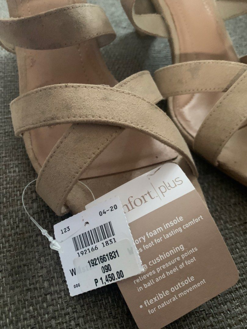 Comfort Plus Nude Strappy Heels Size 9W (Category: Heels) located in Naga. Submitted by purestar_229e8f (Listing ID 1470748905, Image 2). Description: - Brand: Comfort Plus - Size: 9W (Wide) - Condition: Brand new with tags (Original price: ₱1,450) - Color: Nude - Heel Type: Stable chunky block heel - Details: Crisscross toe straps and ankle buckle closure - Comfort: Built-in memory foam insoles for all-day wear -no more box, sinukat kaso hindi k