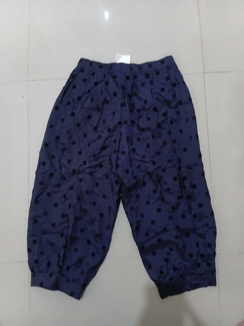 COMME des GARÇONS chambre Polka Dot Pants (Category: Other Bottoms) located in Manila. Submitted by kuya_erick62 (Listing ID 1470760109, Image 1). Description: - Brand: COMME des GARÇONS chambre (AD2001 Collection) - Color/Pattern: Navy blue with all-over black flocked dots - Fit: Cropped length, cuffed ankles, easy pull-on elastic waistband - Material: 100% rayon pile, 100% cupra base - Origin: Made in Japan - Care: Dry clean only (flocked print