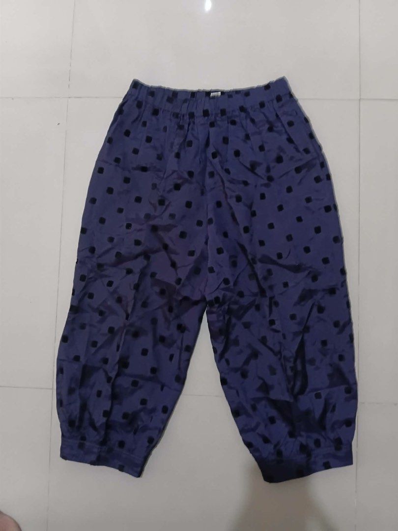 COMME des GARÇONS chambre Polka Dot Pants (Category: Other Bottoms) located in Manila. Submitted by kuya_erick62 (Listing ID 1470760109, Image 2). Description: - Brand: COMME des GARÇONS chambre (AD2001 Collection) - Color/Pattern: Navy blue with all-over black flocked dots - Fit: Cropped length, cuffed ankles, easy pull-on elastic waistband - Material: 100% rayon pile, 100% cupra base - Origin: Made in Japan - Care: Dry clean only (flocked print
