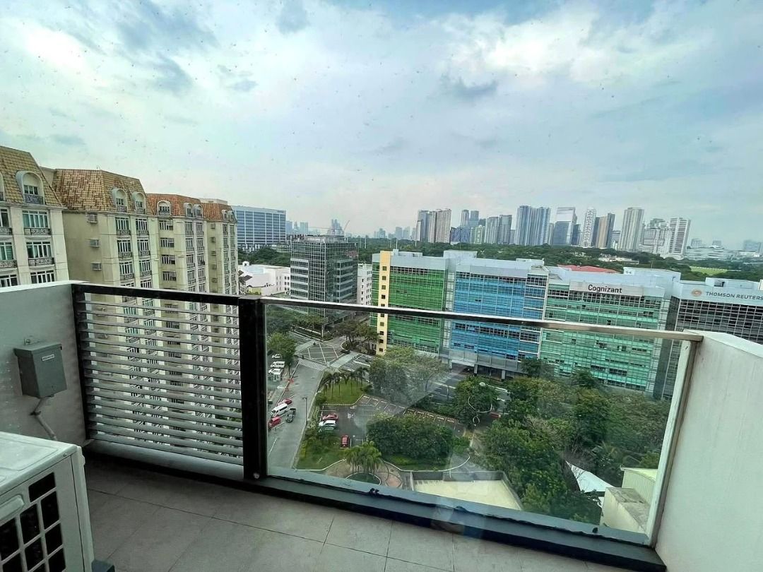 Condo Unit with Balcony and City View (Category: Apartments & Condos) located in Manila. Submitted by freewind_65f86c (Listing ID 1470862979, Image 1). Description: - Bright and move-in ready room with neutral walls - Wooden flooring and large windows with a scenic city view - Private balcony access - Separate bathroom area with a white toilet and shower - Washing machine conveniently installed near the bathroom door.