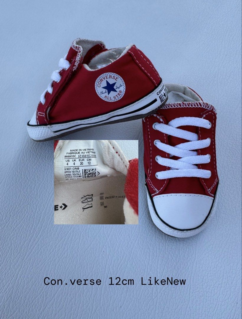 Converse All Star Crib Shoes Red Size US 4 (Category: Babies & Kids Fashion) located in Pozorrubio. Submitted by izaykite2g (Listing ID 1470769094, Image 1). Description: - Style: Classic Converse Chuck Taylor baby crib shoes - Color: Red with white laces and toe cap - Size: US 4, UK 4, EUR 20 (12 cm) - Details: Iconic ankle patch and clean textile upper/lining - Sole: Soft soles specially designed for infants - Origin: Made in Vietnam - Conditio