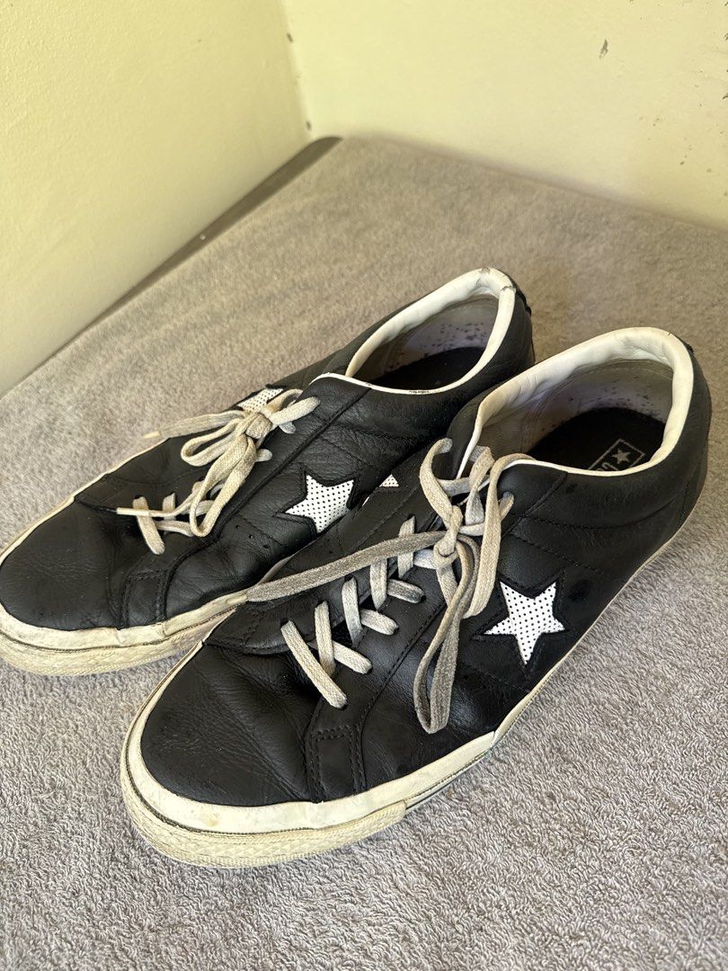 Converse One Star Black Leather Sneakers (Category: Sneakers) located in Calamba. Submitted by xacalixa (Listing ID 1470799895, Image 2). Description: - Brand: Converse - Model: One Star - Color: Black leather with white star logos and off-white laces - Style: Low-top, casual streetwear - Condition: Good pre-loved condition with some scuffs on white midsoles from regular use - Features: Comfortable fit, branded inner lining and insoles - Perfect 