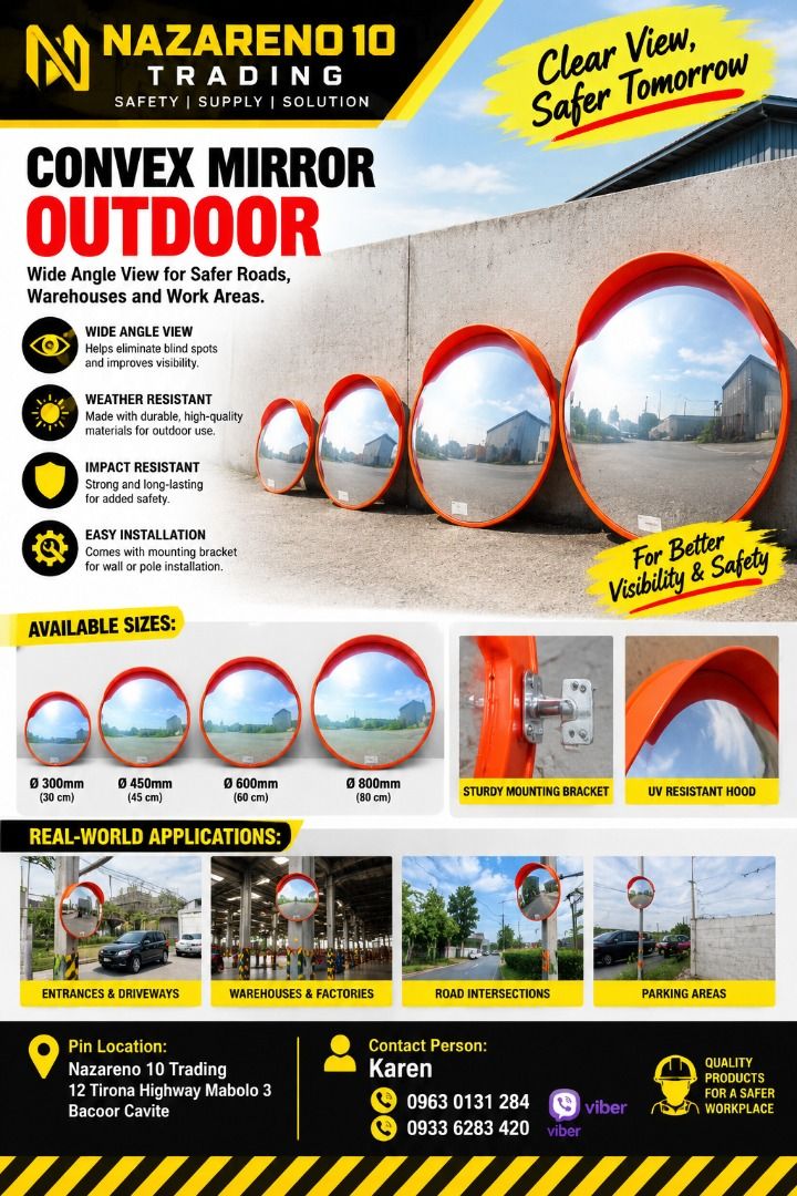 Convex Mirror Outdoor (Category: Looking For) located in Bacoor. Submitted by kajezame.2021 (Listing ID 1470779090, Image 1). Description: Convex Mirror Outdoor Convex Mirror For More Details and Discount Contact Ms. Karen NAZARENO 10 TRADING 0963 0131 284 0933 6283 420 0956 7028 557 0933 8559 510 Landline: Look for Ms. Karen (046 ) 416 3920 Also available: • Traffic cone • Parking Block stopper • Hooded trash bin • Road Plastic Barrier • Spill b