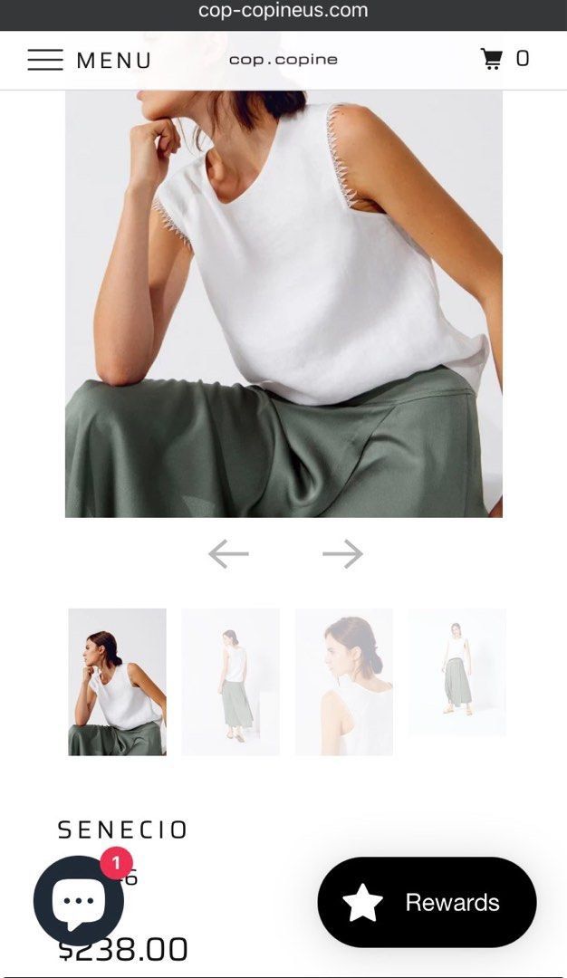 cop.copine Senecio Linen Tank Top (Category: Sleeveless) located in Batangas. Submitted by mumbee (Listing ID 1470768460, Image 1). Description: Cop.Copine Senecio white linen top. 100% breathable linen with a round neckline, sleeveless cut, and unique guipure lace shoulder panels. Short, straight silhouette. Original retail $238. Perfect for warm weather! Like new, no flaws. Bright white. RFS: Decluttering Size: EU 38 (fits S-M).
