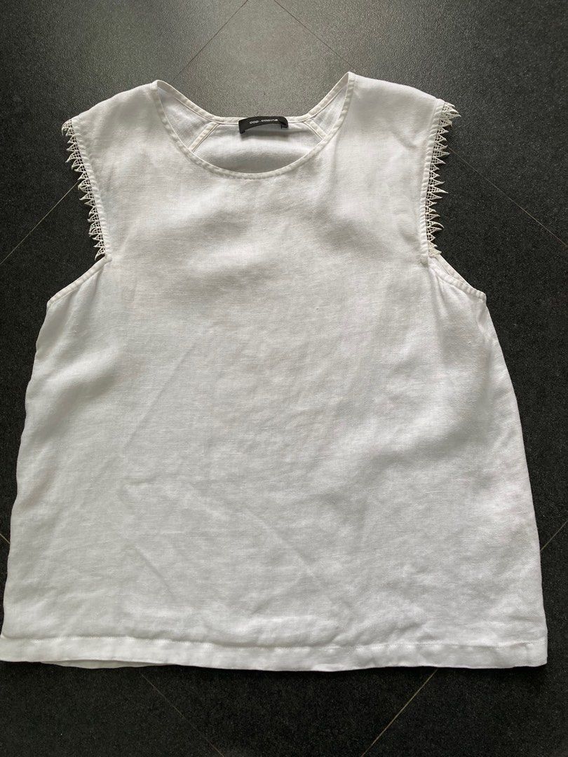 cop.copine Senecio Linen Tank Top (Category: Sleeveless) located in Batangas. Submitted by mumbee (Listing ID 1470768460, Image 3). Description: Cop.Copine Senecio white linen top. 100% breathable linen with a round neckline, sleeveless cut, and unique guipure lace shoulder panels. Short, straight silhouette. Original retail $238. Perfect for warm weather! Like new, no flaws. Bright white. RFS: Decluttering Size: EU 38 (fits S-M).
