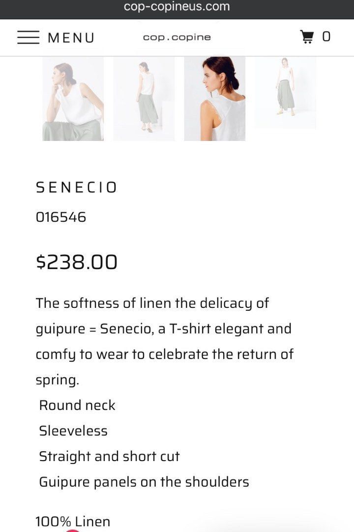 cop.copine Senecio Linen Tank Top (Category: Sleeveless) located in Batangas. Submitted by mumbee (Listing ID 1470768460, Image 2). Description: Cop.Copine Senecio white linen top. 100% breathable linen with a round neckline, sleeveless cut, and unique guipure lace shoulder panels. Short, straight silhouette. Original retail $238. Perfect for warm weather! Like new, no flaws. Bright white. RFS: Decluttering Size: EU 38 (fits S-M).