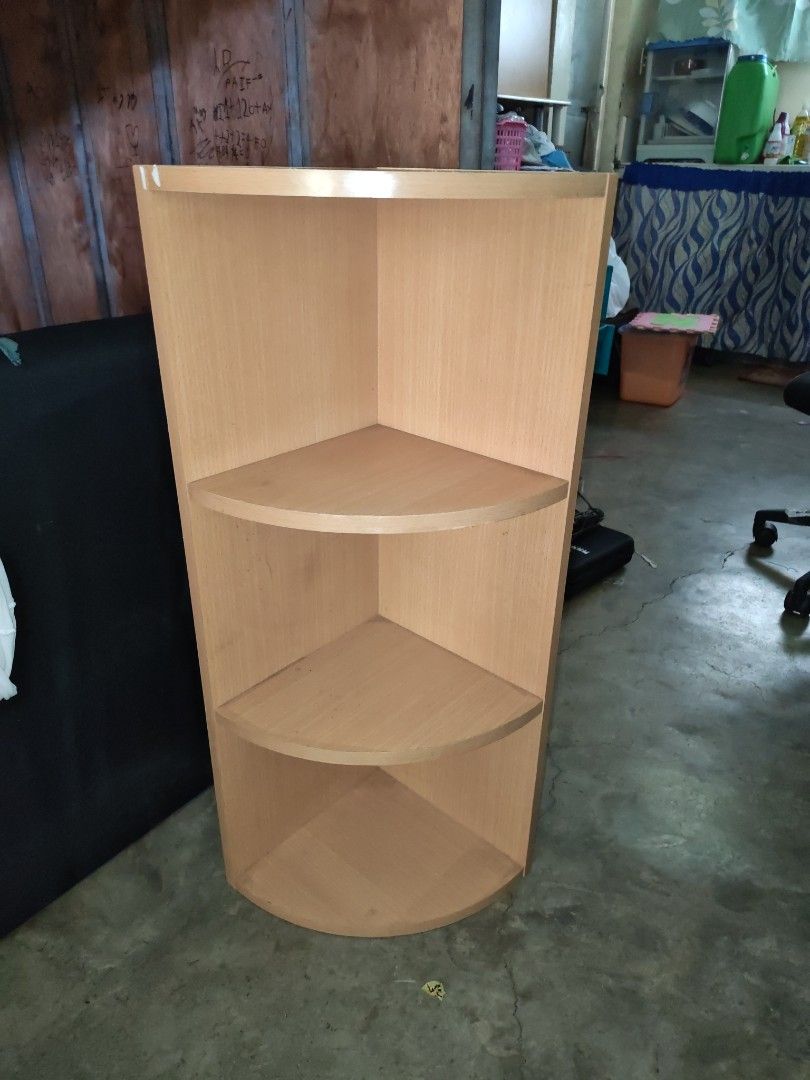 Corner Cabinet Japan surplus (Category: Shelves, Cabinets & Racks) located in Manila. Submitted by aks_japansurplus30 (Listing ID 1470902150, Image 2). Description: - Sleek light wood grain finish that matches any modern room decor - 3 open display tiers plus a top surface for extra storage - Space-saving design with a flat back made to fit snugly into 90-degree corners - Curved front edges on every shelf for a stylish look - Sturdy wooden constr