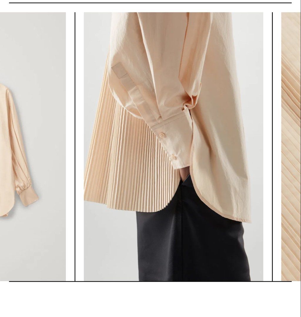 Cos Collarless Pleated Panel long sleeves salmon (Category: Longsleeves) located in Manila. Submitted by morningthrifters (Listing ID 1470844485, Image 2). Description: 📝Cos light peach or pale salmon-pink collarless long-sleeve blouse featuring a band collar, concealed button placket, and full voluminous sleeves with wide cuffs. 📍Pateros Metro Manila 🚚 Jnt / Lalamove / Pickup 📐 Size Small-Medium 💗 Second time buyers has a free item, follow 