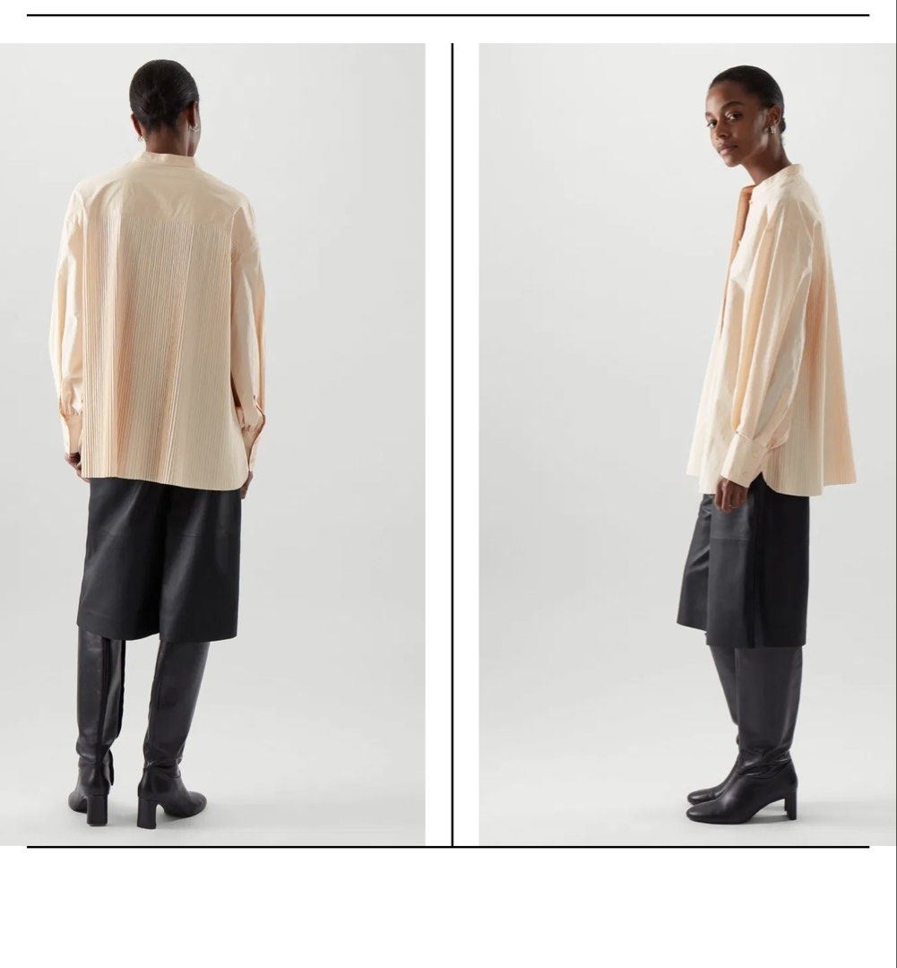 Cos Collarless Pleated Panel long sleeves salmon (Category: Longsleeves) located in Manila. Submitted by morningthrifters (Listing ID 1470844485, Image 1). Description: 📝Cos light peach or pale salmon-pink collarless long-sleeve blouse featuring a band collar, concealed button placket, and full voluminous sleeves with wide cuffs. 📍Pateros Metro Manila 🚚 Jnt / Lalamove / Pickup 📐 Size Small-Medium 💗 Second time buyers has a free item, follow 