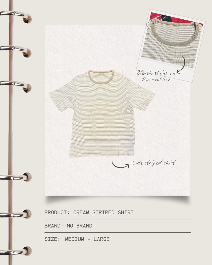 Cream Striped Shirt (Unisex) (Category: Shirts) located in Cavite. Submitted by strawbae.moon (Listing ID 1470869154, Image 1). Description: Product: Cream Striped Shirt Brand: No brand Size: Medium to Large 🧶 Item Condition: • Pre-loved • With tiny holes in the front • With a slightly visible bleach stain on the neckline • Unisex, but mainly for women 💋 With discount if bought with other items on my profile 🙂 STRICTLY NO REFUNDS/RETURNS❗ ✍🏼 