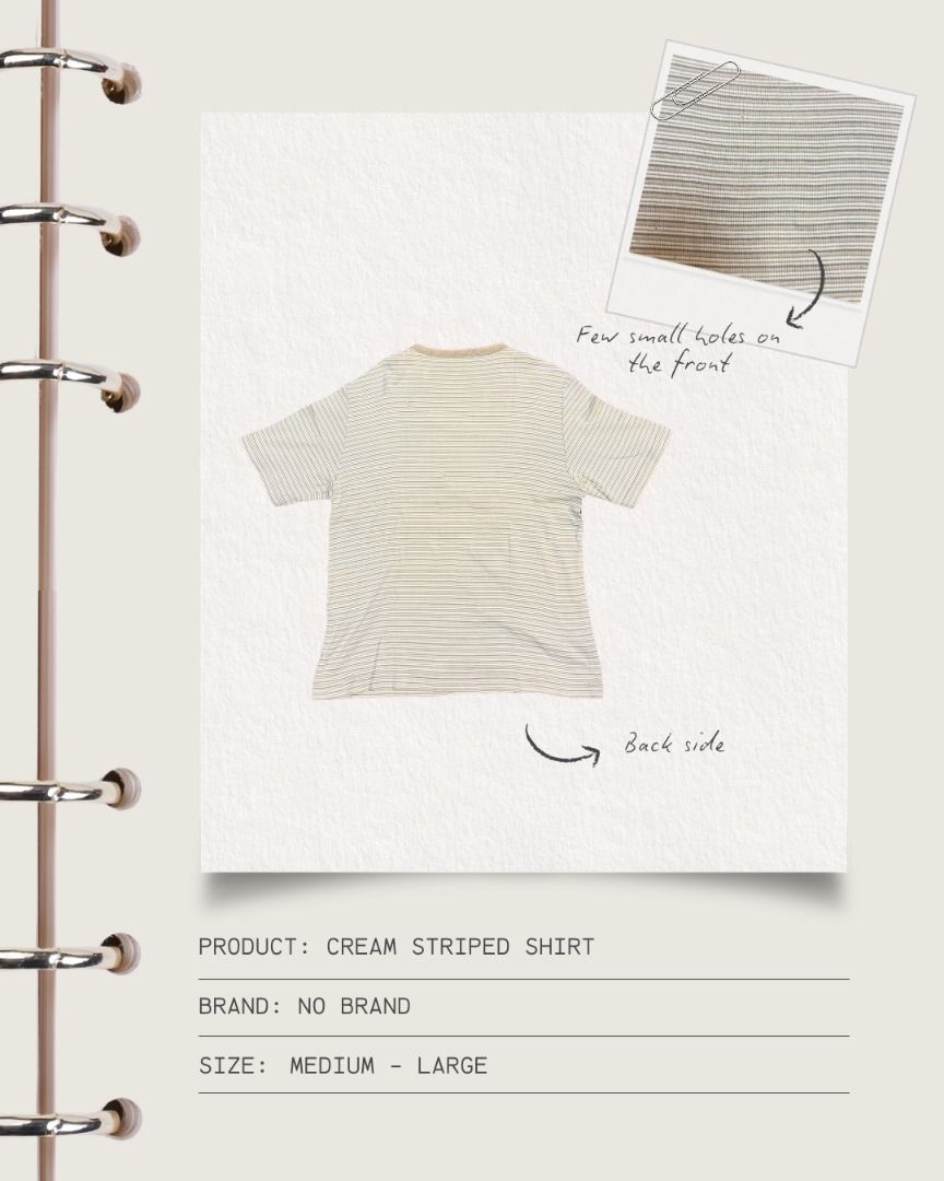 Cream Striped Shirt (Unisex) (Category: Shirts) located in Cavite. Submitted by strawbae.moon (Listing ID 1470869154, Image 2). Description: Product: Cream Striped Shirt Brand: No brand Size: Medium to Large 🧶 Item Condition: • Pre-loved • With tiny holes in the front • With a slightly visible bleach stain on the neckline • Unisex, but mainly for women 💋 With discount if bought with other items on my profile 🙂 STRICTLY NO REFUNDS/RETURNS❗ ✍🏼 