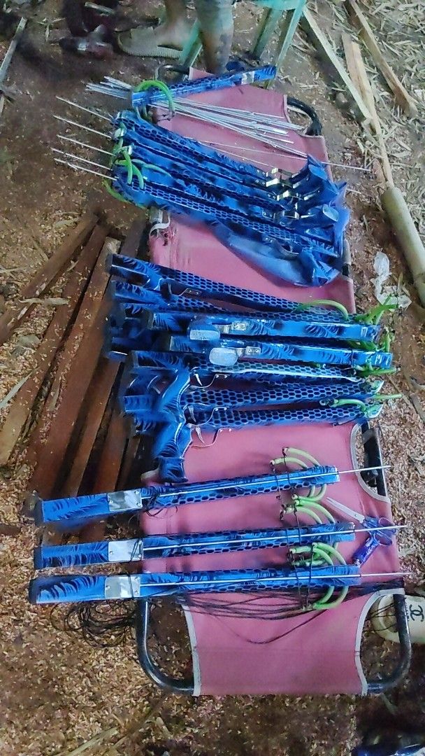 Custom Blue Wooden Speargun with Bands (Category: Action & Battle Toys) located in Caloocan City. Submitted by sheilomian33511 (Listing ID 1470797961, Image 2). Description: Handmade wooden speargun painted with a striking blue pattern. Equipped with green rubber bands and stainless steel metal components. Built by local craftsmen, designed for spearfishing enthusiasts. Each piece carefully assembled and finished with durable coating..