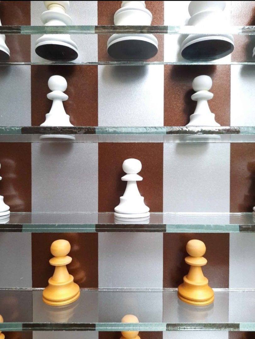 Custom-Made Big Wall Hanging Chess Set With Glass Display Case (Category: Board Games & Puzzles) located in Marilao. Submitted by mariealeiah (Listing ID 1470757872, Image 3). Description: - Unique wooden chess set with a glass-front display case for wall mounting - Features an alternating brown and silver board with glass shelves - Includes stunning white and yellow-gold chess pieces - Designed with a decorative brown patterned frame, side hinge