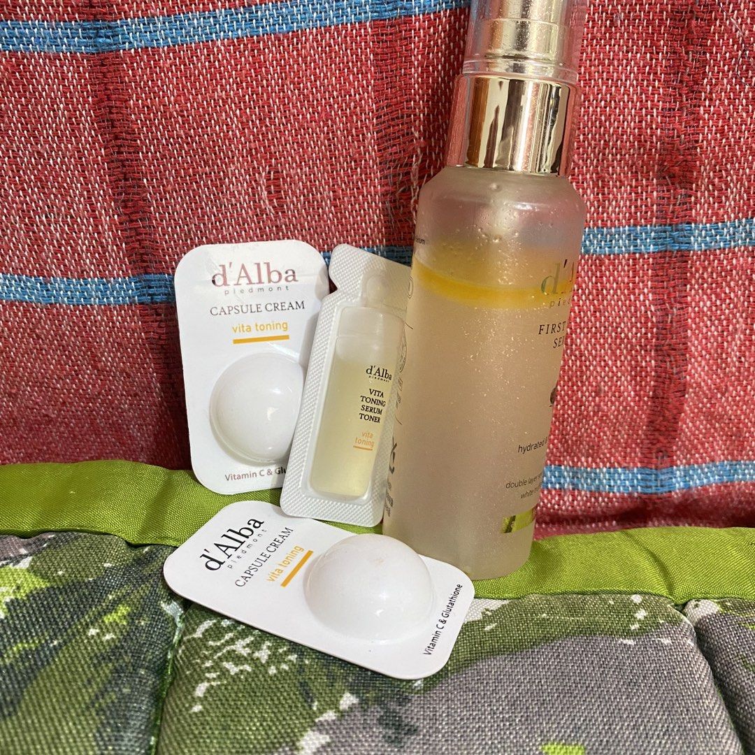 d'Alba White Truffle First Spray Serum and Samples (Category: Face Care) located in Quezon City. Submitted by maria_maria00 (Listing ID 1470810093, Image 3). Description: - Product: d'Alba White Truffle First Spray Serum (50ml) - Condition: Brand new, never opened or used - Source: Bought directly from the official store - RfS: not suitable to my skin, I’m not used to oily feels in to my face - Includes freebie d'Alba Vita Toning serum toner and 