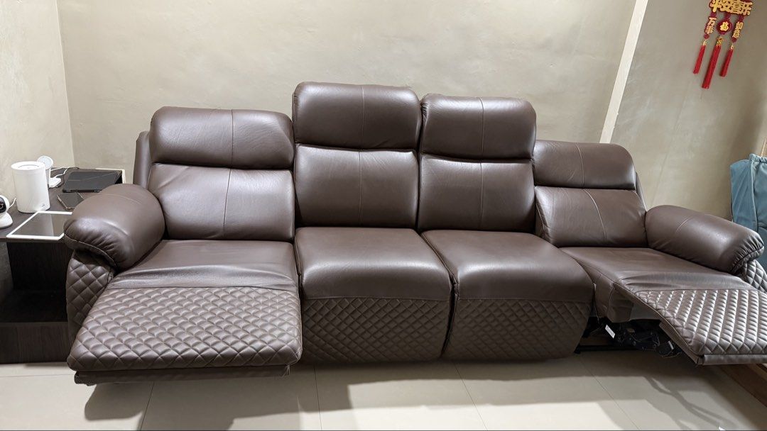 Dark brown leather 4-seater electric reclining sofa, Furniture & Home ...