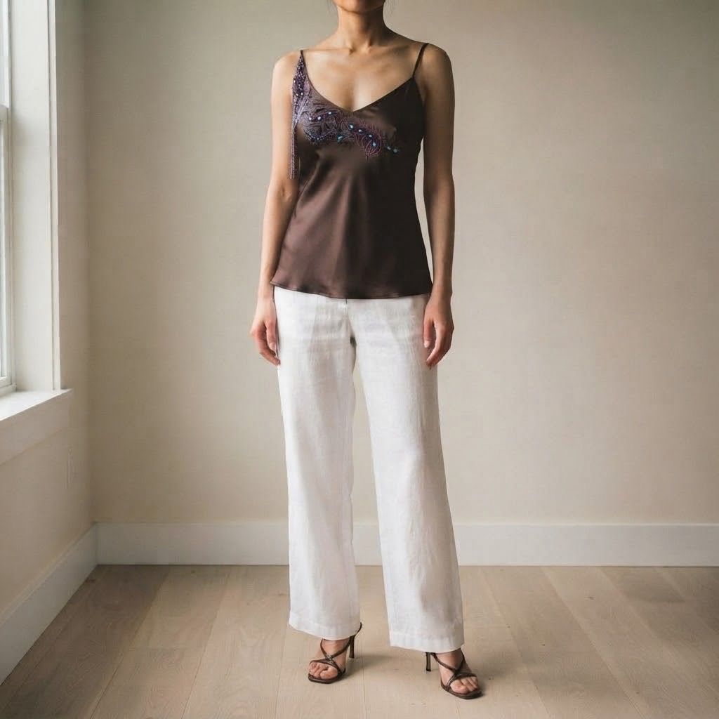 DAVID BITTON SATIN BROWN TOP BLOUSE (Category: Sleeveless) located in Marikina City. Submitted by minimalistmanila (Listing ID 1470805991, Image 1). Description: New with tags, David Bitton satin brown top. Fits small. Needs ironing as kept in storage. Order now!.