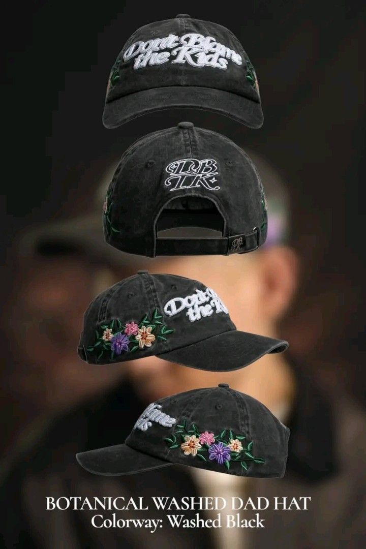DBTK Botanical Washed Dad Hat Washed Black (Category: Caps & Hats) located in Manila. Submitted by unbotheredave (Listing ID 1470834923, Image 1). Description: - Brand: DBTK (Don't Blame The Kids) - Style: Botanical washed dad hat / Curved brim - Color: Washed black - Details: White script front embroidery, colorful floral side embroidery (pink, yellow, purple), and small DBTK back logo - Closure: Adjustable metal strap with embossed logo - Condi