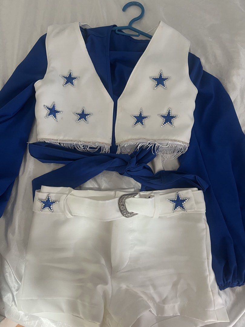 DCC COSTUME HALLOWEEN FOR RENT (Category: Sets or Coordinates) located in Manila. Submitted by rosiesaysay (Listing ID 1470808868, Image 1). Description: - customized costume - includes cowboy boots - negotiable - Cowgirl costume set in royal blue and white - Includes long-sleeve top, cropped white vest with star appliqués and rhinestone fringe, shorts, and belt - Fit: Slim fit - Ideal for themed parties, concerts, and Halloween.