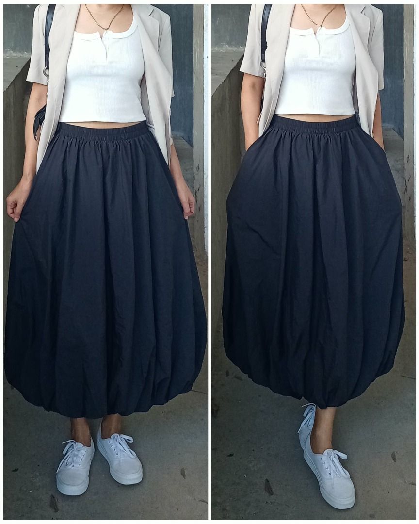 Deep black balloon maxi skirt (Category: Skirts) located in Davao. Submitted by irisrazona16792 (Listing ID 1470775080, Image 2). Description: Wd side pocket Garterize lower bottom of the skirt Waist 26-36 (garterize) L 32.5 mall quality.