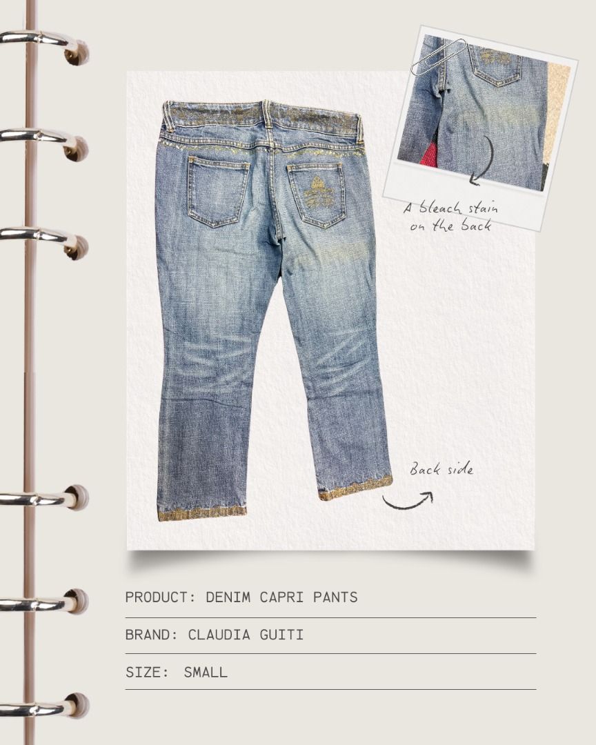 Denim Capri Pants (Category: Jeans) located in Cavite. Submitted by strawbae.moon (Listing ID 1470865235, Image 2). Description: Product: Denim Capri Pants Brand: Claudia Guiti (Italy) Size: Small 🧶 Item Condition: • Pre-loved • With printed gold details • With a bleach stain below the right pocket at the back • Well taken care of 💋 With a discount if bought with other items on my profile 🙂 STRICTLY NO REFUNDS/RETURNS❗ ✍🏼 Kindly review all th
