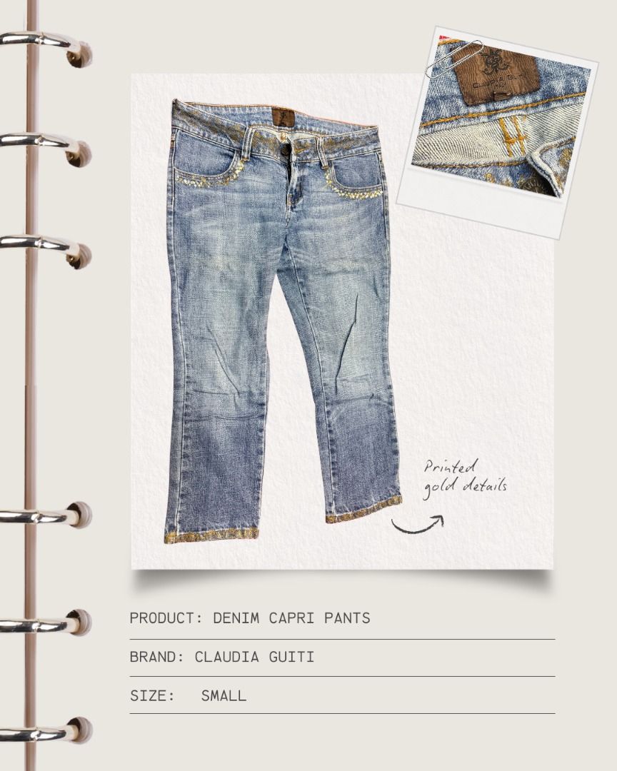 Denim Capri Pants (Category: Jeans) located in Cavite. Submitted by strawbae.moon (Listing ID 1470865235, Image 1). Description: Product: Denim Capri Pants Brand: Claudia Guiti (Italy) Size: Small 🧶 Item Condition: • Pre-loved • With printed gold details • With a bleach stain below the right pocket at the back • Well taken care of 💋 With a discount if bought with other items on my profile 🙂 STRICTLY NO REFUNDS/RETURNS❗ ✍🏼 Kindly review all th