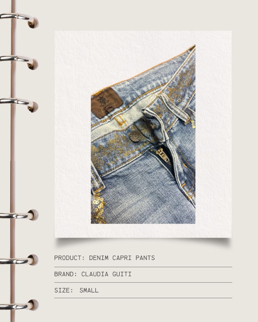 Denim Capri Pants (Category: Jeans) located in Cavite. Submitted by strawbae.moon (Listing ID 1470865235, Image 3). Description: Product: Denim Capri Pants Brand: Claudia Guiti (Italy) Size: Small 🧶 Item Condition: • Pre-loved • With printed gold details • With a bleach stain below the right pocket at the back • Well taken care of 💋 With a discount if bought with other items on my profile 🙂 STRICTLY NO REFUNDS/RETURNS❗ ✍🏼 Kindly review all th
